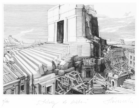 grafika autorstwa Krzysztofa Skórczewskiego, przedstawiająca budynek stojący na fundamentach stworzonych z drewnianych, rozpadajacych się budynków oraz schodów prowadzących do niego